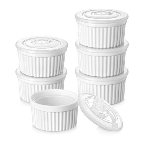 vancasso 8 oz Ramekins with Lid, Porcelain Creme Brulee Souffle Dishes, White Pudding Custard Cups Ramiken for Baking, Dishwasher and Oven Safe, Set of 6