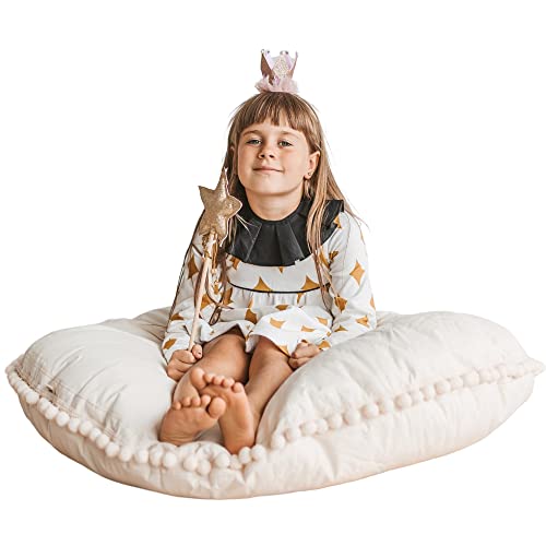 MINICAMP Large Kids Floor Pillow - Ultra-Fluffy Bean Bag Chair with Filler Included & Washable Cover - Cute Floor Lounger, Reading Cushion for Toddlers & Teens - 100% Certified Cotton - 40” Wide!