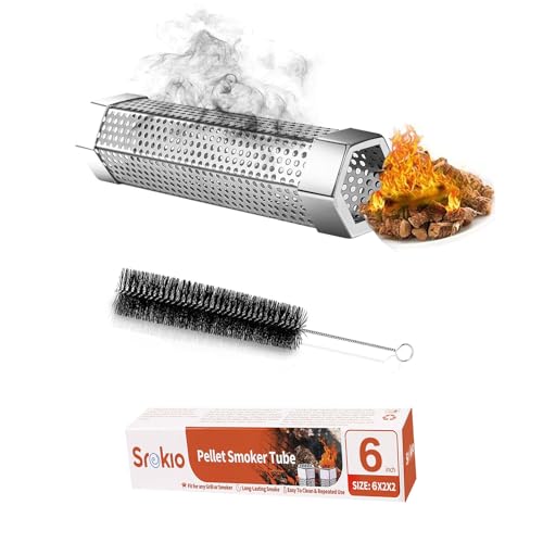Smoke Tube for Pellet Smoker-SROKIO 6 Inch Smoke Tube BBQ Stainless Steel for Pellet Smoker Hot or Cold Smoker Accessories, with Brush