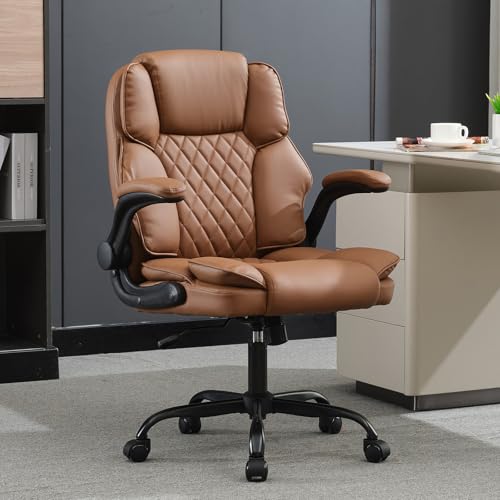 BOWTHY Office Desk Chair,Mid Back Executive Leather Chair, Ergonomic Home Computer Desk Chair with Adjustable Flip-Up Arms, Conference Room Chairs with Rocking Function (Brown)