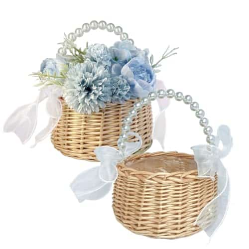 Flower Girl Basket Set of 2, Handwoven Small Flower Basket with Pearl Handle, Ribbon Bow & Plastic Liner for Flower Girl, Wicker Rattan Rustic Wedding Baskets for Home Wedding Decorations