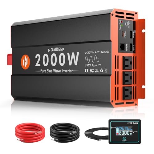 2000W Pure Sine Wave Power Inverter 12V DC to 110V AC Converter Peak Power 4000W for RV Truck Off-Grid Solar Car Inverter with 3 AC Outlets, 2 USB & 1 Type-C Ports, Cables Included, Remote Controller