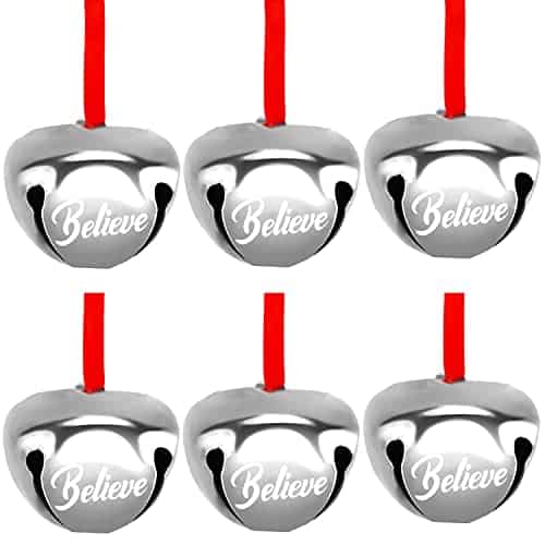 FOIMAS 12pcs 1.6 Inch Believe Bell Ornament Metal Christmas Sleigh Bells with Red Ribbon for Christmas Tree Holiday Decoration,Silver