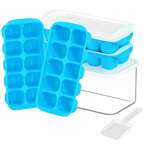 DOQAUS Ice Cube Tray with Lid and Bin, 4 Pack Easy Pop Out Silicone Ices Cubes Trays for Freezer with Cover, Stackable Compact Ice Bucket Kits, for Soup, Food, Cocktail, Coffee