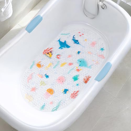 TEESHLY Non-Slip Cartoon Bathtub Mat for Kids - Funny & Cute 15 x 27.4 Inch Bathroom Bath Shower Mat for Babies, Toddlers, and Children with Suction Cups - Lovely Colorful Underwater World Design