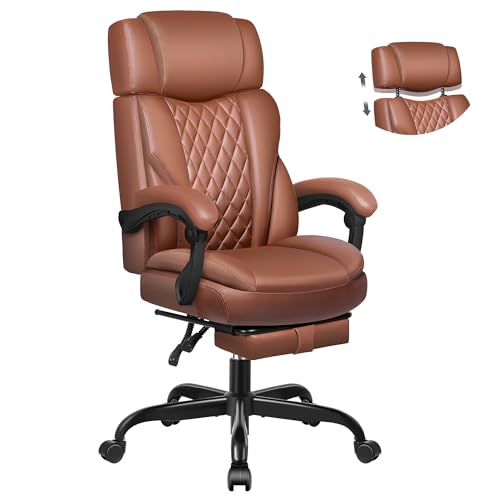 Executive Leather Office Chair, Big and Tall Office Chair with Footrest Home Office Desk Chairs, Ergonomic Computer Desk Chair with Lumbar Support, Reclining Office Chairs with Adjustable Angle