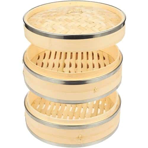 Juvale 2-Tier 10 Inch Bamboo Steamer Basket with Steel Rings - Large Capacity Dumpling, Vegetable Steamer Basket (10x6.5x10 in)