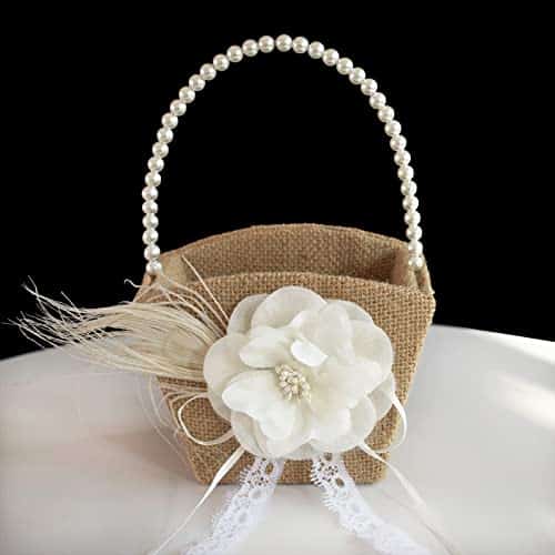 ATAILOVE Burlap Flower Girl Basket for Weddings,Romantic Cherish Pearl Handle Wedding Flower Basket