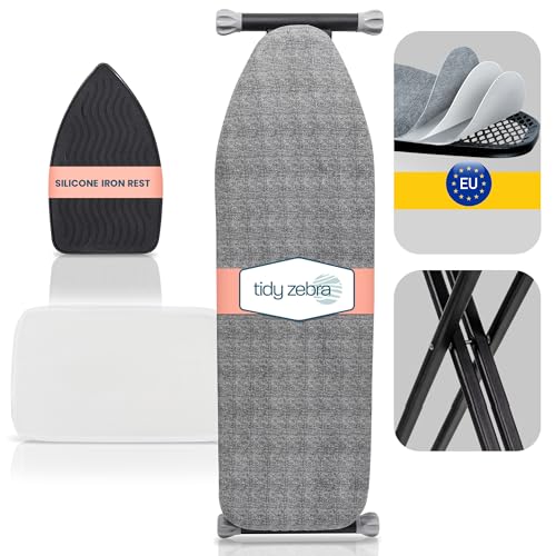 Tidy Zebra Extra Sturdy Compact Ironing Board Full Size - European Made Iron Board with Extra Thick Sturdy Legs That Will NOT Shake – Non Slip Iron Table with Metal Hook, Iron Rest & Mesh Included!