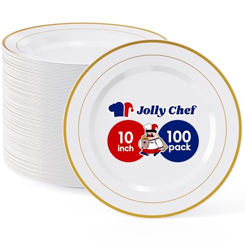 JOLLY CHEF 100 Pieces Gold Plastic Plates, 10 Inch Disposable Dinner White with Gold Rim, Heavy Duty Disposable Plastic Plates for Dinner, Birthdays and Weddings