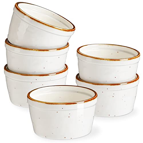 ONEMORE Ramekins 6 oz Oven Safe, Ceramic Souffle Dishes with Brown Rim, Speckled Baking Cups for Creme Brulee Pudding Custard Ice Cream Charcuterie Board Mini Bowls Set of 6 - Creamy White
