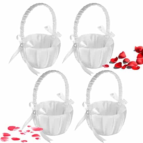 4PCS Wedding Flower Baskets, White Satin Bowknot Flower Baskets Pearl Collection Flower Girl Baskets for Weddings (Pearl Bow)