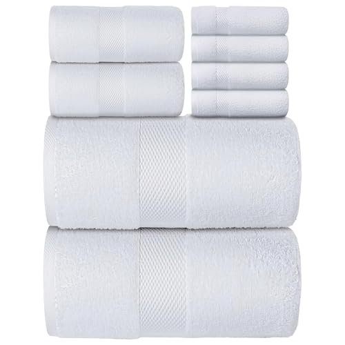 Luxury White Bath Towel Set of 8 Pieces - 100% Turkish Cotton Highly Absorbent Towels for Bathroom, 2 Luxury Bath Towels 700GSM, 2 Hand Towels, 4 Washcloths
