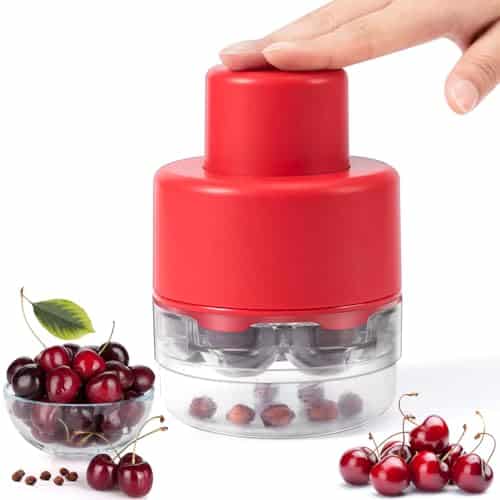 SCHVUBENR 7-IN-1 Large Cherry Pitter Tool - Portable Cherry Corer Pitter with Ergonomic Push Design - Easy to Use for Making Cherry Jam - Pit 7 Cherries at Once, Saving Time & Effort(Red)