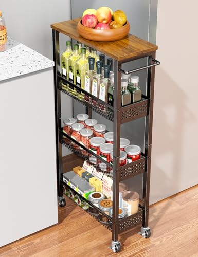 OKZEST Utility Slim Storage Cart, 4 Tier Small Rolling Kitchen Laundry Room Cart with Wood Top, Metal Narrow Bathroom Storage Cabinet Mobile Shelf Unit Organizer Trolley with Handle for Narrow Space