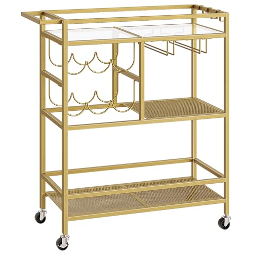 MAHANCRIS Bar Cart for Home, 3-Tier Serving Cart with Wheels and Handle, Beverage Cart with Wine Rack and Glass Holders, Rolling Wine Cart for Kitchen, Dining Room, Gold RCJ61B01