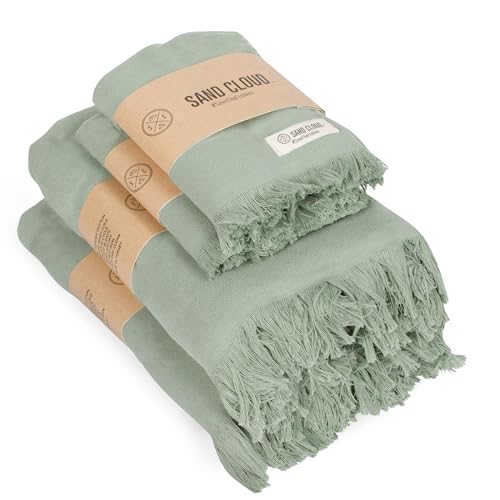Sand Cloud Turkish Bath Towels Bundle for Bathroom, Set of 4 (Terra Sage) - Large Size - 100% Certified Organic Cotton Yarn is Lightweight, Soft & Absorbent - Premium Bath & Hand Towels Dry Faster