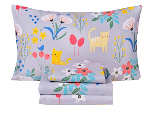 Scientific Sleep Kitty Cats Flowers Girls Kids Teen Girls 100% Cotton Twin Bed Sheet Set, Flat Sheet & Fitted Sheet & Pillowcase Bedding Set (Cats Flower, Full)