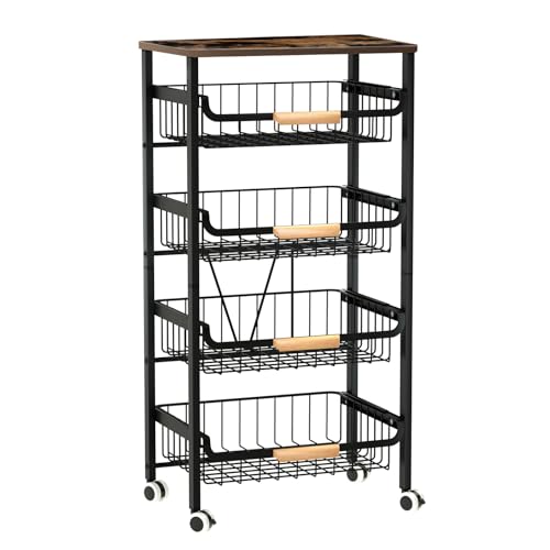 5-Tier Rolling Storage Cart with Wheels, Large Capacity Utility Cart with Wooden Tabletop & Mesh Baskets for Kitchen, Bathroom & Laundry Room