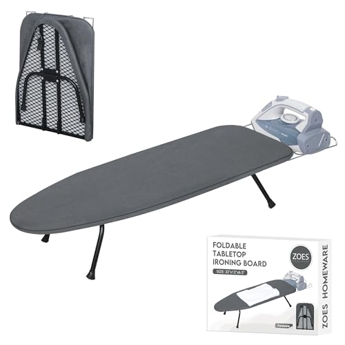 ZOES HOMEWARE Metal Mesh Panel Tabletop Ironing Board | Foldable Iron Board | Heavy Duty Small Iron Board with Heat Resistant Cover and 100% Cotton 8mm Thicken Pad | 31.5
