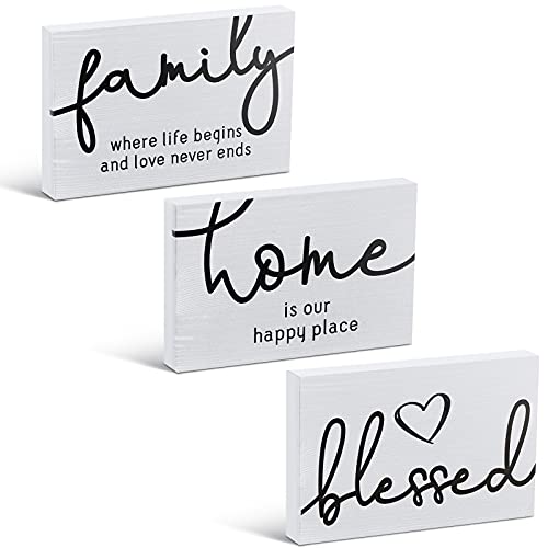 Jetec 3 Pcs Family Home Blessed Rustic Wood Sign Mini Wood Decorative Farmhouse Woodworks Decor Table Decorations Sign for Bedroom Kitchen Living Room Table Decor(White,4.25 x 2.76 x 0.59 in)