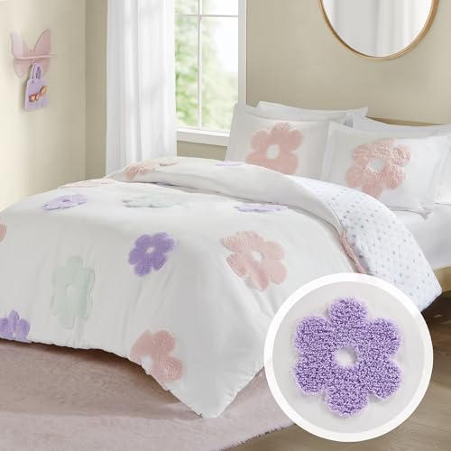 Urban Habitat Kids Twin Duvet Cover Set for Girls, Tufted Chenille Floral Duvet Set Twin, Lightweight Polka Dot Duvet Reversible Bedding Cover, Sham, Pillow, Gracie, Twin White/Purple 3 Piece