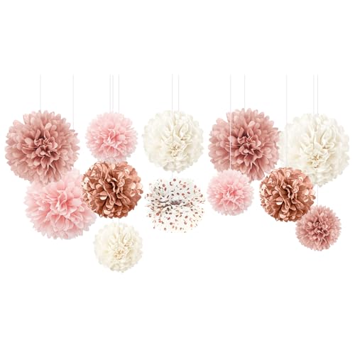 AOBKIAT Wedding Decorations Tissue Paper Pom Poms - 12 PCS Rose Gold Pink White Paper Flower Pom Pom Kit Decorations for Wedding Birthday Baby Shower Bachelorette Bridal Shower Party Supplies