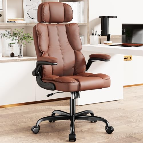 Kensaker Executive Leather Office Chair, Computer Chair with Thick Cushion & Lumbar Support, Ergonomic Desk Chair with Adjustable Headrest & Armrests,Brown