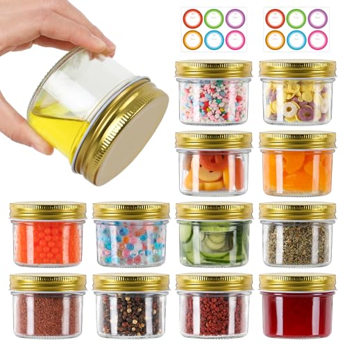 AuroTrends Small Mason Jars 4 oz 12Pcs with Regular Lids, 4 oz Mason Jars with Lids/Small Canning Jars 4 oz for Candle Making/Jams/Jellies/Spices (Gold Lids)