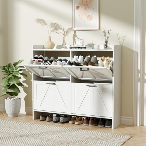 susici Shoe Storage Cabinet with 4 Flip Drawers for Entryway, Slim Freestanding Shoe Cabinet Organizer, Narrow Shoe Rack Cabinet with Metal Legs, Farmhouse Hidden Shoe Cabinet for Entrance Hallway