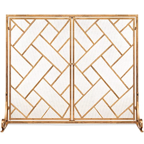 Best Choice Products 44x33in 2-Panel Handcrafted Wrought Iron Decorative Mesh Geometric Fireplace Screen, Fire Spark Guard w/Magnetic Doors - Gold