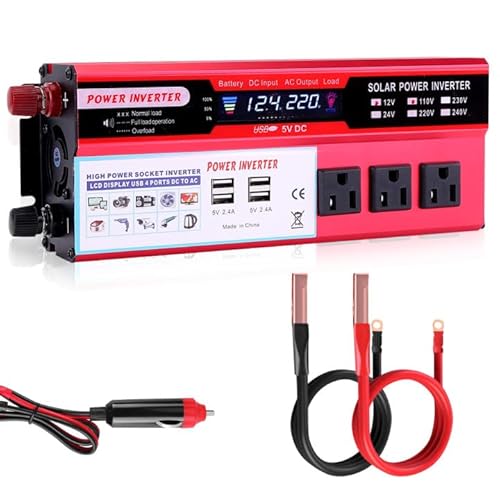 2000 watt Solar Power Inverter, Solar Power Inverter 12V DC to 110V-120V AC Converter with 3 AC Outlets 2 USB Charging Port, LCD Display for Off-Grid Solar Power System, RV, Truck, Home