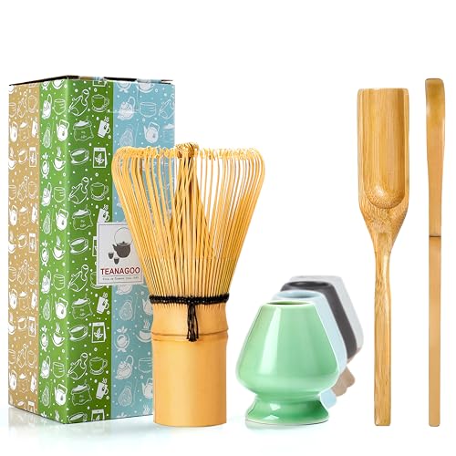 TEANAGOO Matcha Whisk Set, Bamboo Matcha Whisk (Chasen), 4 Pcs Traditional Starter Matcha Set, Scoop (Chashaku) Tea Spoon Whisk Holder, Matcha Accessory, Traditional Japanese Matcha Stirrer Set