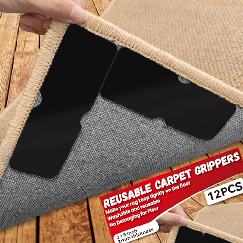 Urdar Brunnr Rug Carpet Non Slip Grippers, Reusable and Washable Double Sided Carpet Tape Pads, Strong Adhesive Grippers for Area Rugs, Keep Corners Flat, No Damaging for Floor Removable, 12Pcs