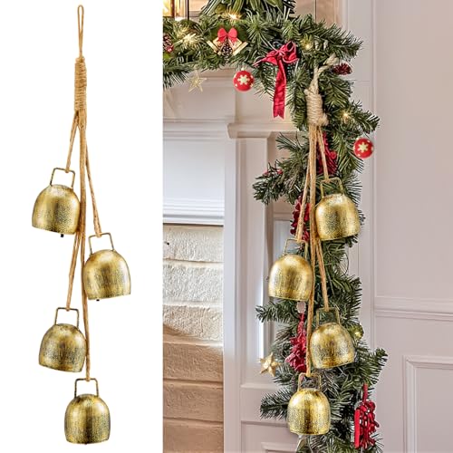 Minetom Set of 3 Christmas Bells, Decoraitve Brass Bells with Jute Hanging Rope for Chritmas Decor Wreath Garland Tree Doors Windows Rustic Home Decor, Vintage Iron Bells
