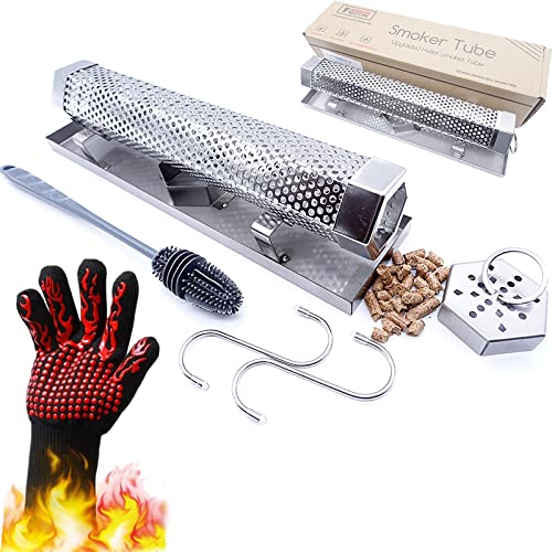 FMOON 12'' Pellet Smoker Tube, Smoke Tube for Pellet Smoker With a Stainless Steel Tray and Tube Cover, 5 Hours Billowing Smoke, Works with Any Grill or Smoker