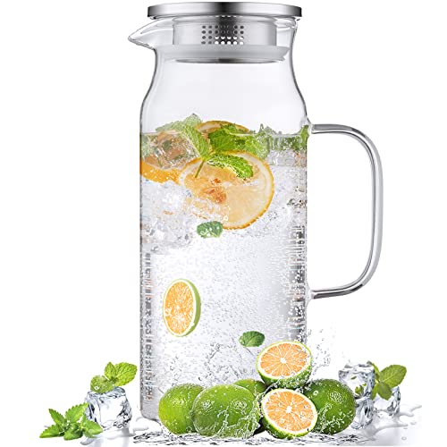 2 Liter 68 oz Glass Pitcher with Lid and Spout, Bivvclaz Glass Carafe for Hot/Cold Water, Large Iced Tea Pitcher for Coffee, Juice and Homemade Beverage