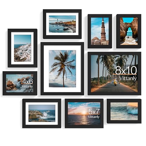 Vittanly 10 Pack Picture Frames Collage Wall Decor, Gallery Frame Set for Wall Mounting or Tabletop Display, Multi Sizes Including 2pcs 8x10, 4pcs 5x7, 4pcs 4x6, Black
