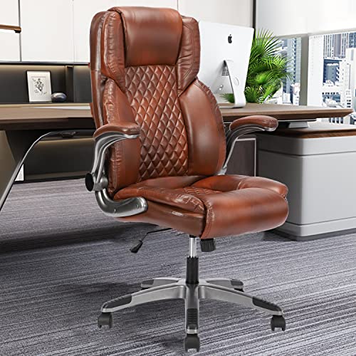 REFICCER Brown Leather Office Chair with Flip up Arms, High Back Ergonomic Executive Office Chairs with Wheels, 90-120° Rocking Office Desk Chair with Lumbar Support, Swivel Task Chairs