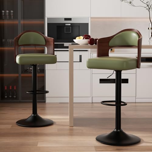 Nalupatio Swivel Bar Stools Set of 2 Seat Adjustable Height 24.5-33.5IN, Wooden Barstools PU Leather Upholstered Bar Chairs with Back & Footrest for Bar Kitchen Dining Room