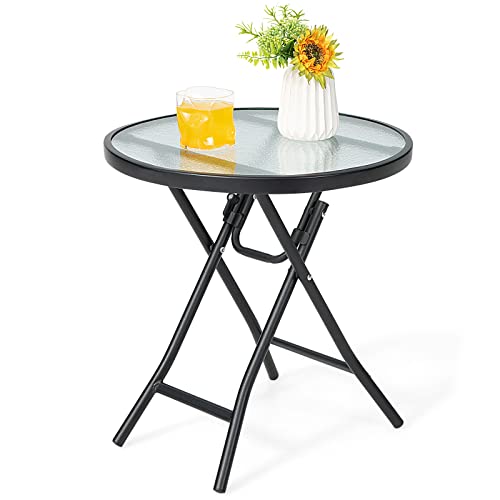 Giantex Folding Side Table, Round Small Patio Table, Tempered Glass Tabletop, Steel Frame, Weather-Resistant Outdoor Indoor Use for Bistro Porch Garden Balcony (Classic Round, 18