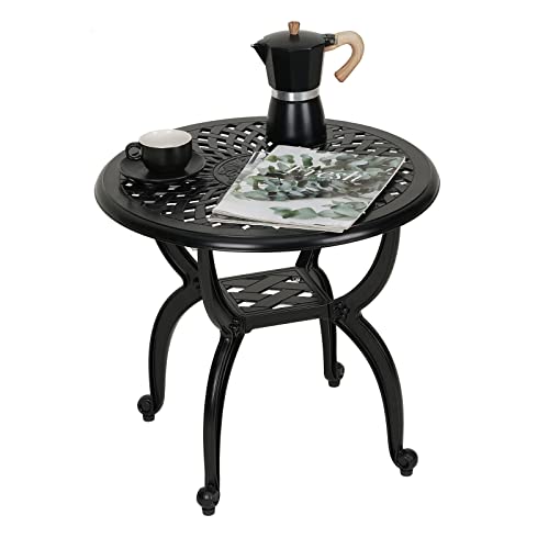 JARDIN DE CENTENNIAL Cast Aluminum Side/End Table, Anti-Rust Coffee Bistro Table for Outdoor, Patio, Indoor, Garden, Porch, Balcony (Round Black)