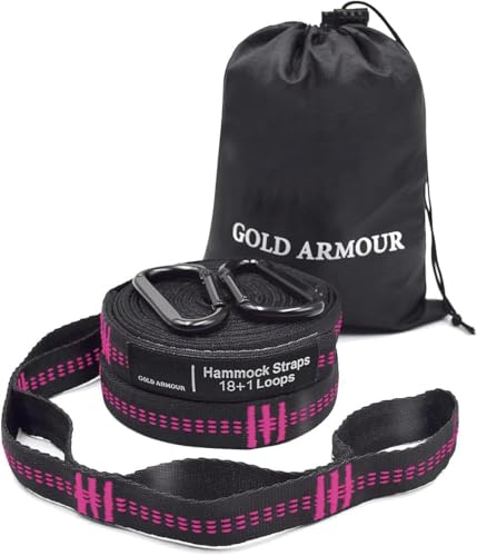 Gold Armour Hammock Straps XL, Camping Hammock Tree Straps Set (2 Straps, 2 Carabiners, Carrying Bag), 20 ft Long Combined, 36 Loops, Must Have Accessories & Gear (Black with Pink Stitching)