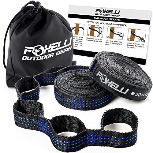 Foxelli XL Hammock Straps - Extra Long 20FT Heavy Duty No-Stretch Suspension System, 40+2 Loops, 2000 LBS Capacity, for Indoor/Outdoor Use – Set of 2 Straps & Carry Bag