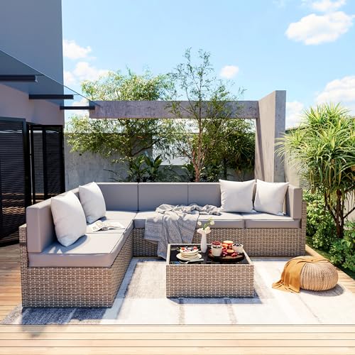 Pamapic 7 Pieces Outdoor Sectional Furniture，Wicker Patio sectional Furniture Sets，All-Weather Rattan Patio Conversation Set with Washable Cushions Covers， Gray Rattan(Gray Cushions)