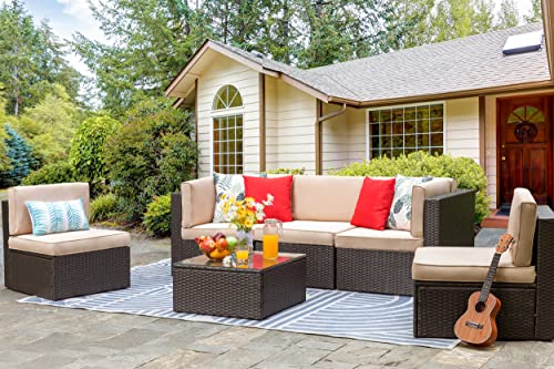 Vongrasig 6 Pieces Outdoor Patio Furniture Set, PE Wicker Rattan Sectional Sofa Patio Conversation Sets with Coffee Table for Garden, Backyard, Poolside (Beige)