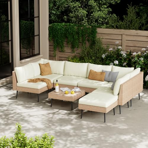 ENSTVER Outdoor Patio Sectional Furniture Set, 8 Piece Wicker Conversation Patio Furniture Wtih Extra Waterproof Cover and Thick Cushions for Garden, Backyard