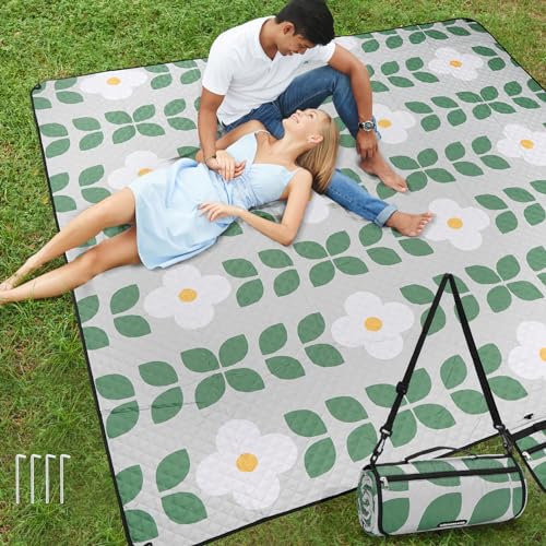 WICKERLAND Picnic Blankets Extra Large - Beach Blanket Waterproof Sandproof with Shoulder Strap, Machine Washable, Outdoor Blanket with Stakes for Grass Concert, Park, Lawn,Travel,Spring Summer.Green
