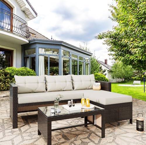 Vongrasig 3 Piece Patio Furniture Sets, All-Weather PE Wicker Outdoor Sofa Couch Sectional Set, Small Conversation Set for Garden/Patio w/Cushion, Beige