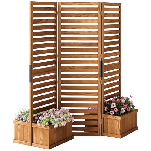 Outsunny Freestanding Outdoor Privacy Screen, 4 Self-Draining Planters/Raised Garden Beds, 3 Hinged Panels for Hot Tub, Patio, Backyard, Deck, Natural